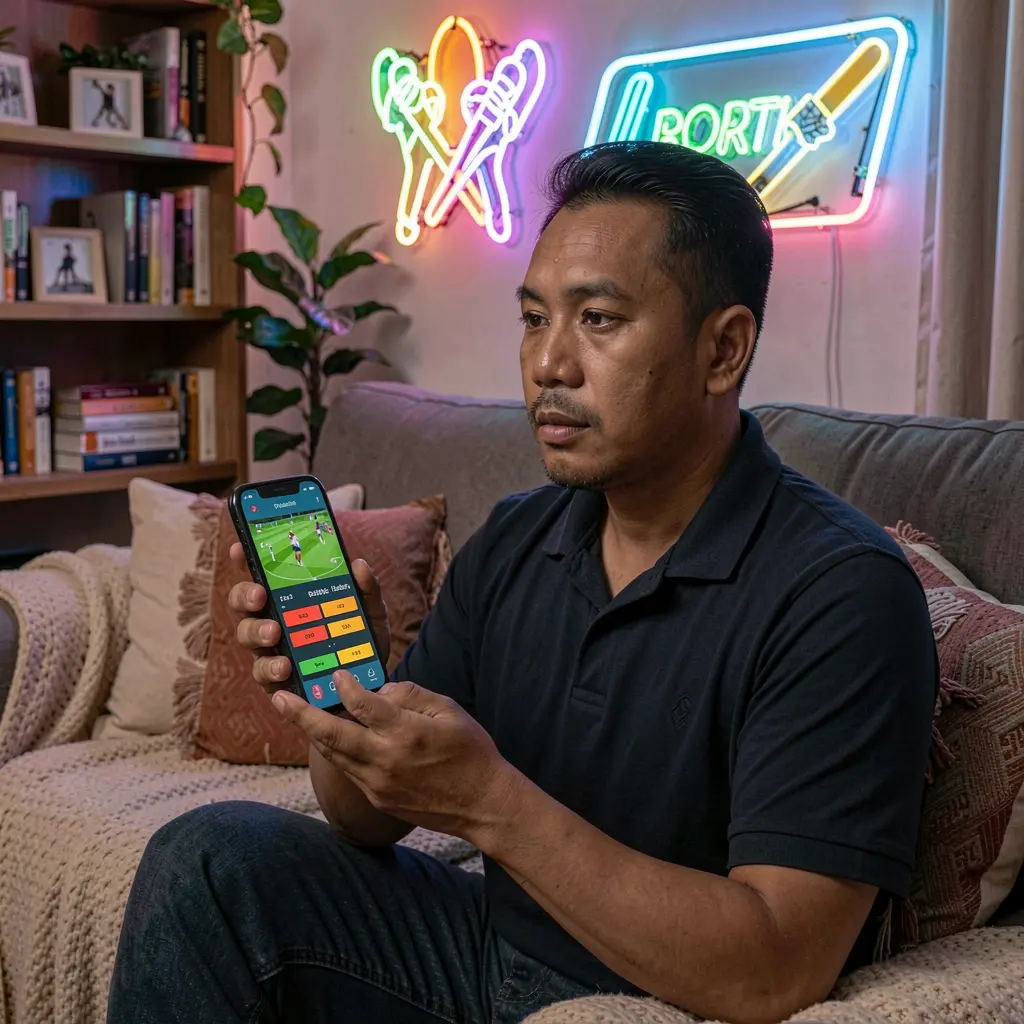 Focused Filipino sports fan using the UUUUPH betting app on his phone while watching a live cricket match on TV in a cozy home setting