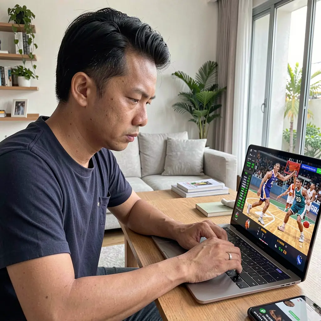 Focused Filipino sports bettor using a laptop to place live basketball bets through UUUUPH in a modern home setting