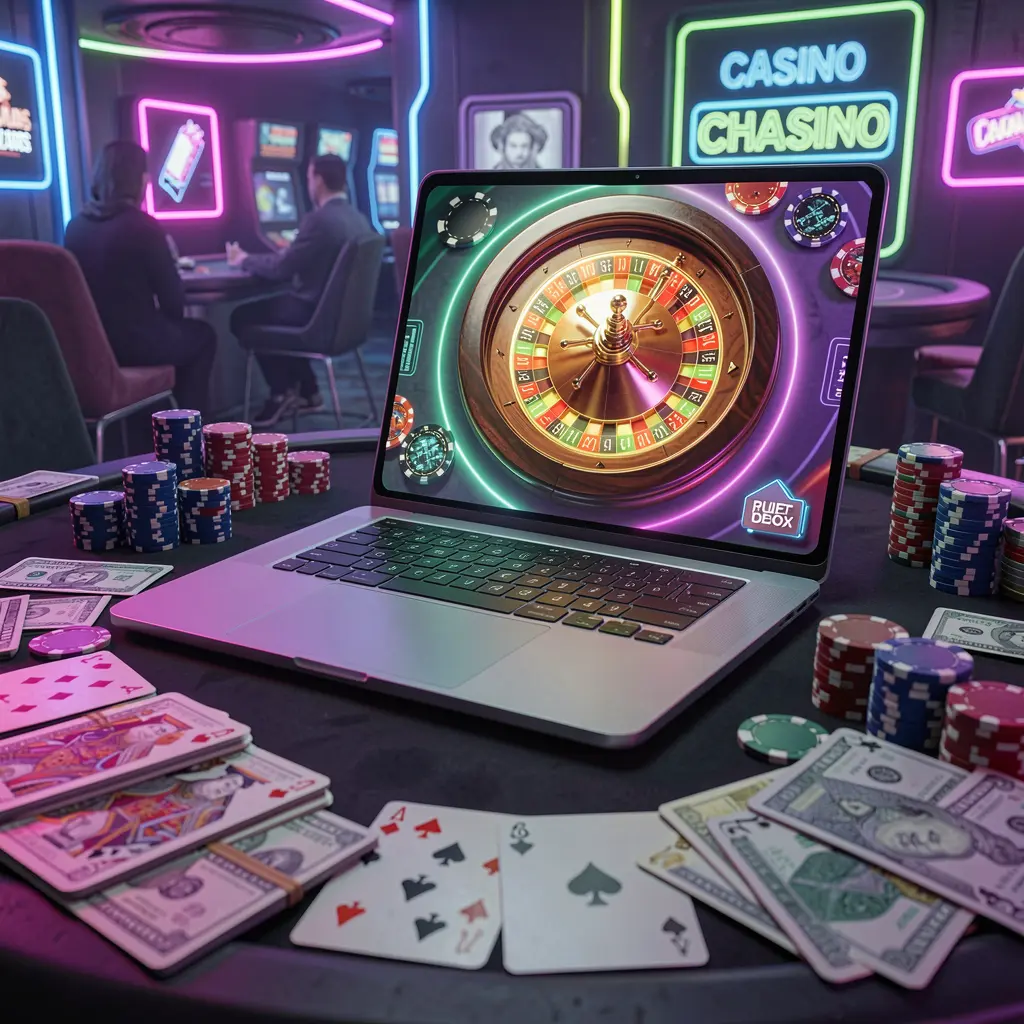 Modern laptop displaying a vibrant online roulette wheel with stacked casino chips and scattered cards highlighting the immersive live casino atmosphere of UUUUPH for players in the Philippines