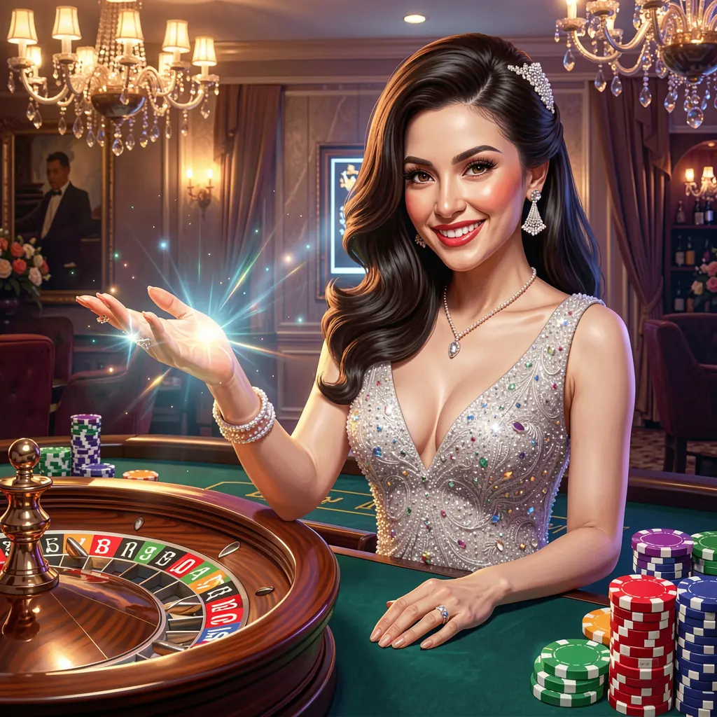 Elegant live casino dealer in a sparkling dress presenting a glowing roulette wheel and floating chips representing the premium UUUUPH login experience in the Philippines