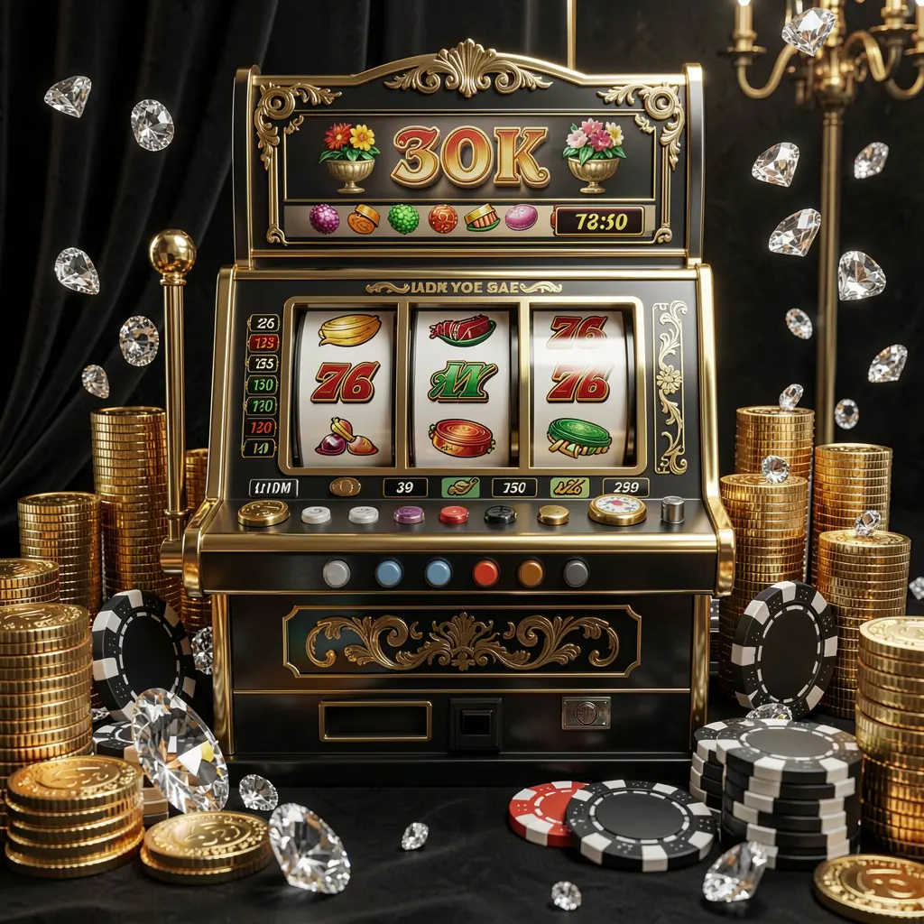 High end slot machine with golden details and triple seven symbols surrounded by coins and poker chips representing premium slot gaming at UUUUPH